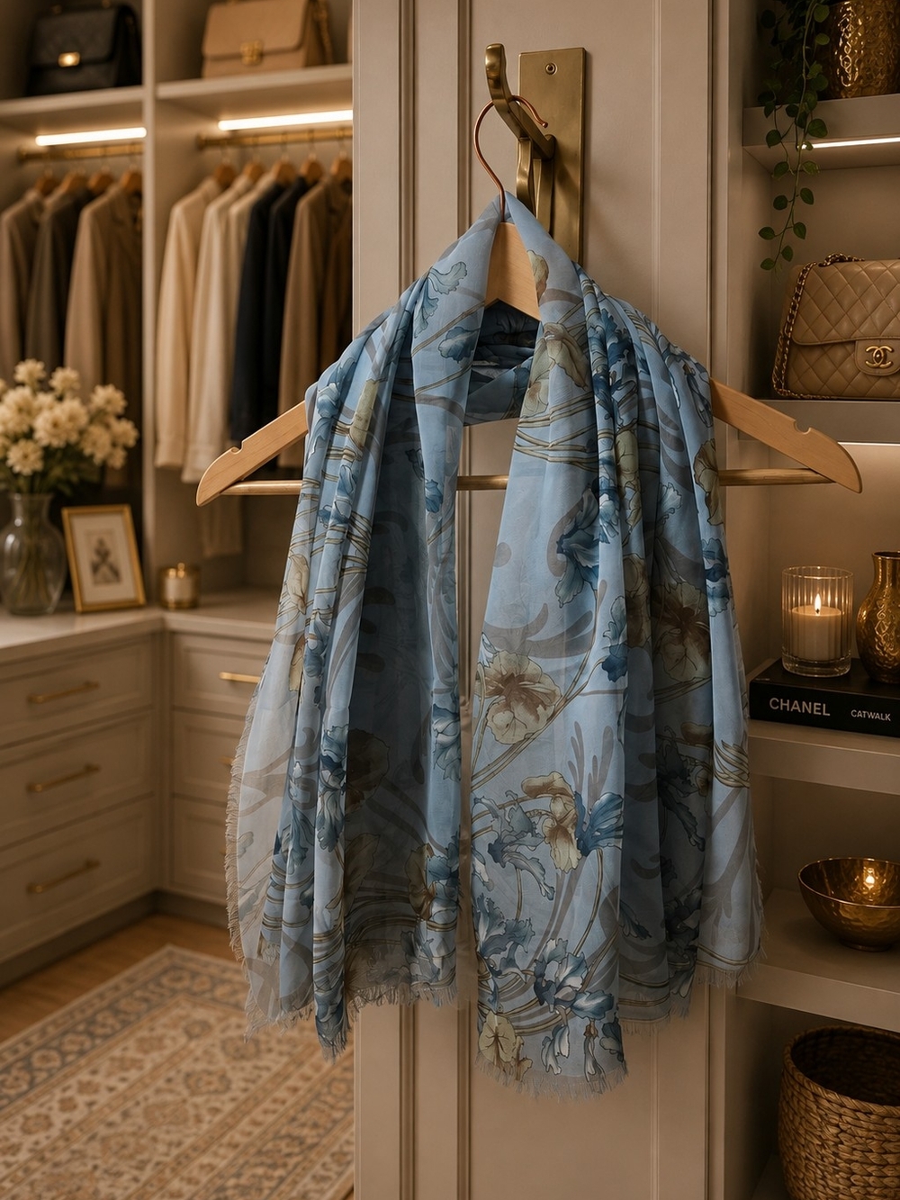 Light Blue Floral Voile Scarf - Unbranded